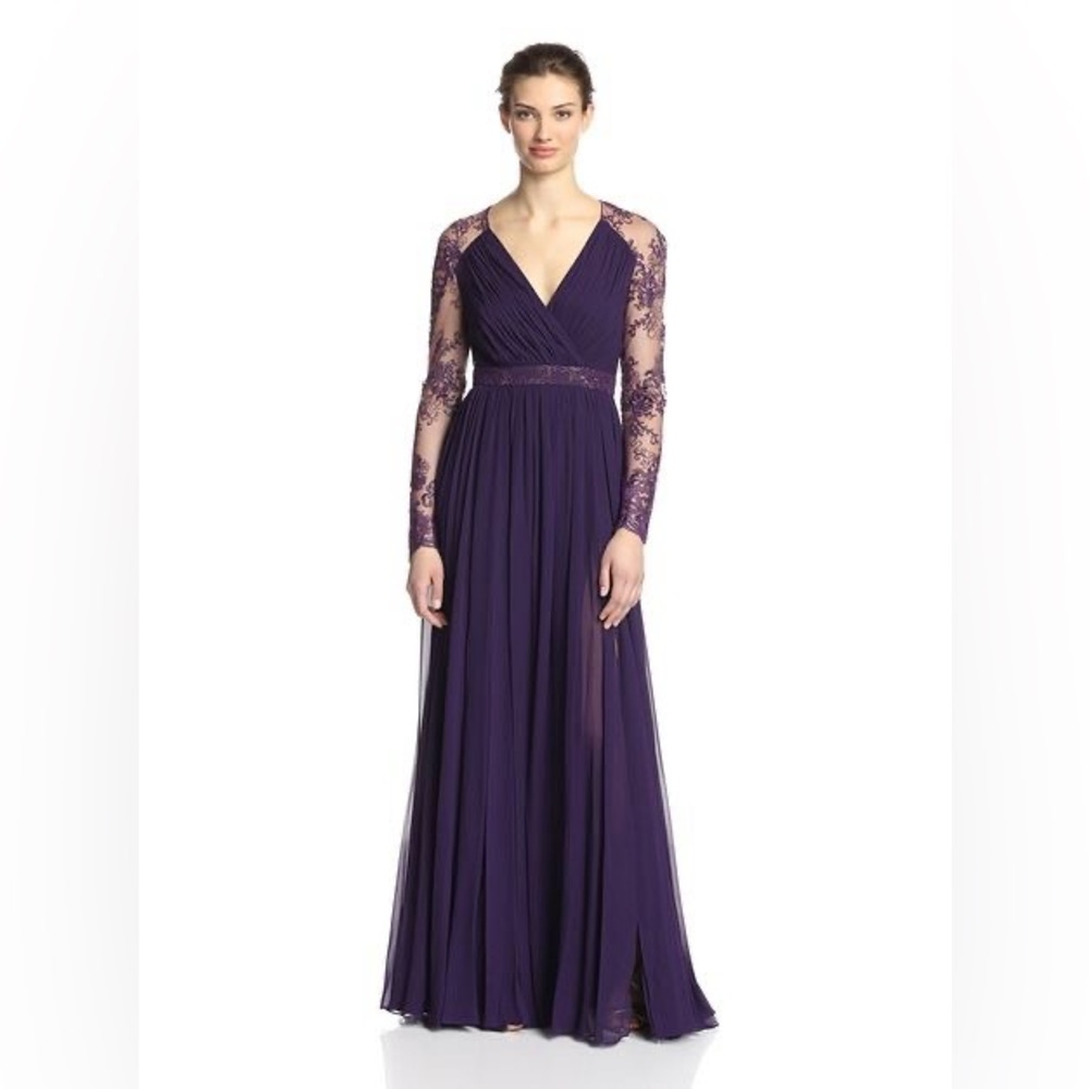 Badgley Mischka Purple Long Sleeve Lace Maxi Dress